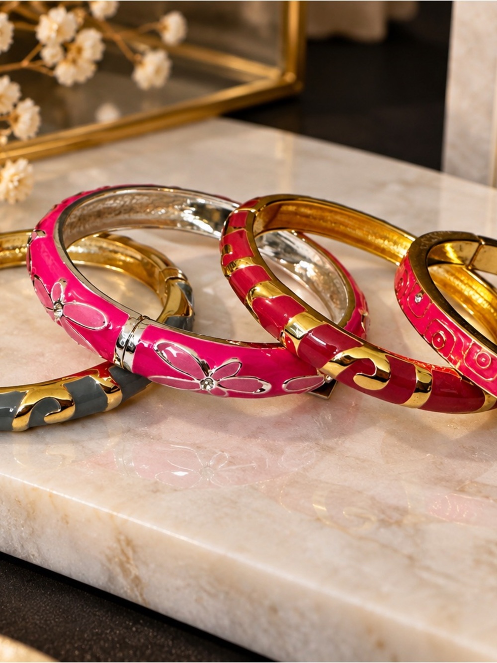 Pink Floral Enamel Bangle Bracelet - Women Jewelry